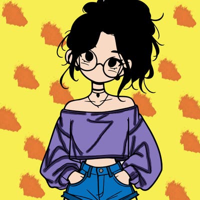 girl with a messy ponytail glasses a baggy crop top and jean shorts