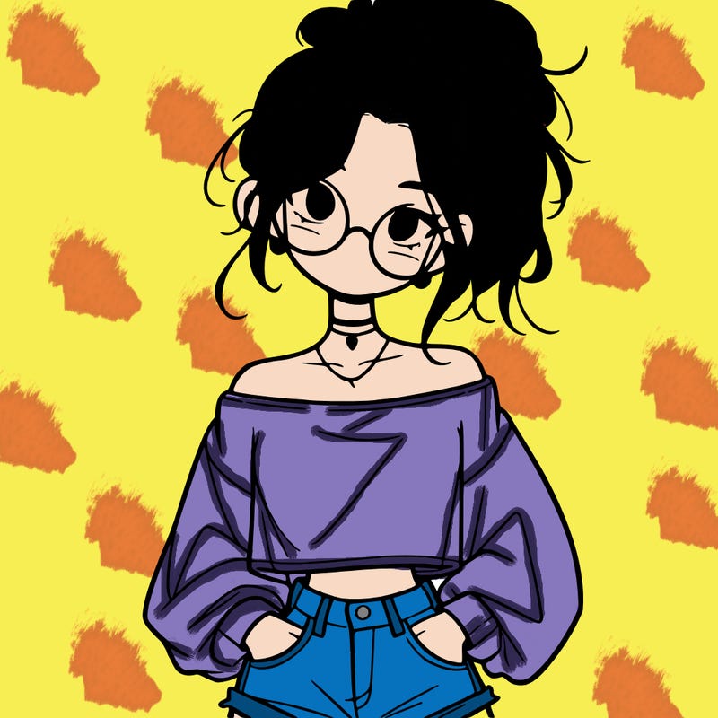 girl with a messy ponytail glasses a baggy crop top and jean shorts