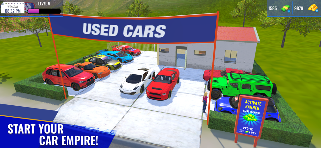 Car Sales Simulator 25 - Un lote de concesionario de coches usados con varios coches coloridos aparcados bajo un cartel de Coches Usados en un juego simulador.
