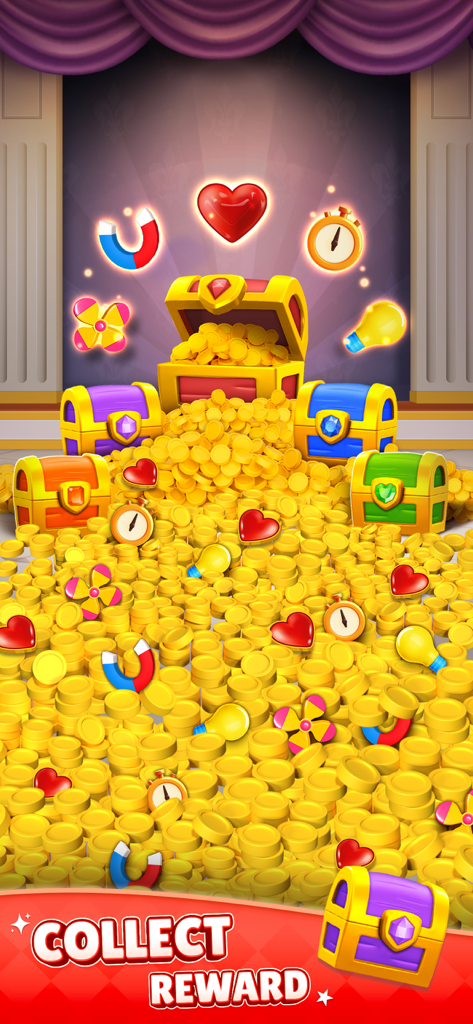Match Tile Triple 3D - Match Tile Triple 3D reward screen with a mountain of gold coins, treasure chests, and game boosters