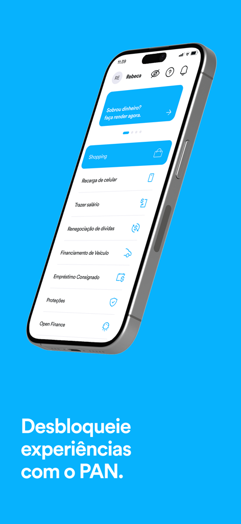 Smartphone displaying the Banco PAN app menu with options for banking services like loans and mobile recharge