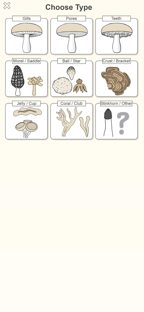 A screen in the Shroomify app showing different mushroom categories like gills, pores, and coral for manual identification