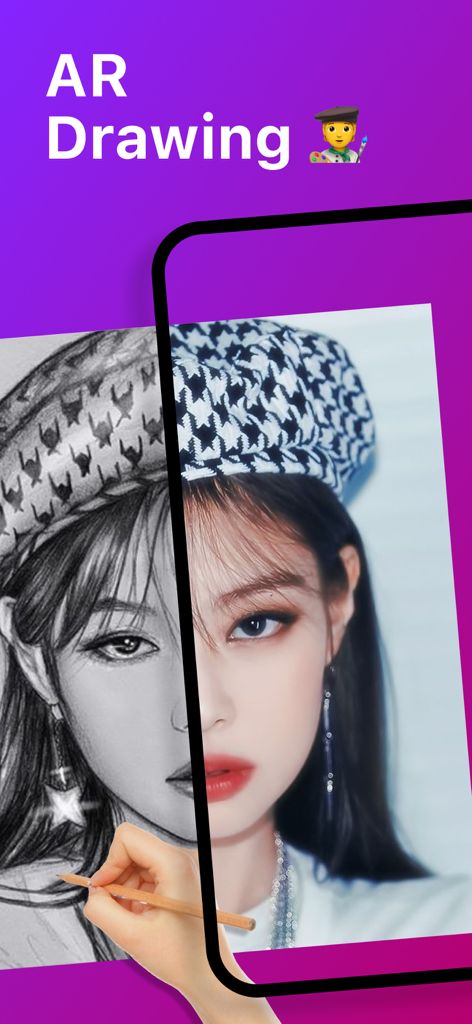AR Drawing Sketch Paint - Eine Hand zeichnet ein Porträt mit einem Smartphone-Bildschirm und der AR Drawing App auf Papier nach