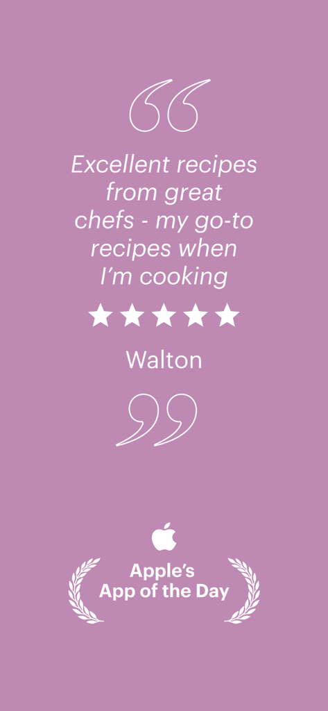 Good Food: Recipe Finder - A five star user review for the Good Food Recipe Finder app by Walton featuring the Apple App of the Day award.