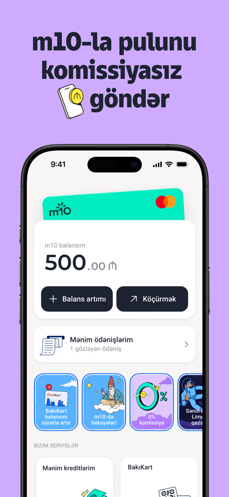 m10 — Digital Wallet - The m10 digital wallet interface showing a five hundred AZN balance and a virtual Mastercard