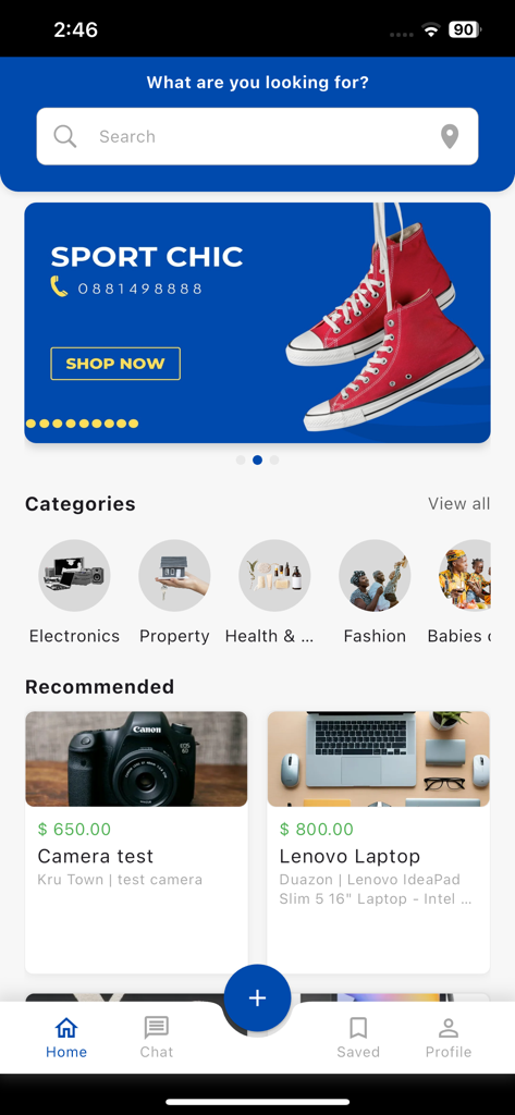 Buy & Sell Liberia - The home screen of the Buy and Sell Liberia mobile app showing product categories and recommendations.