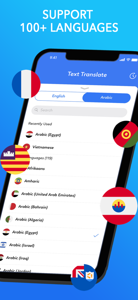 Translator : Voice Translate - Oberfläche der Übersetzer-App, die eine Liste von über 100 unterstützten Sprachen und Flaggen zeigt
