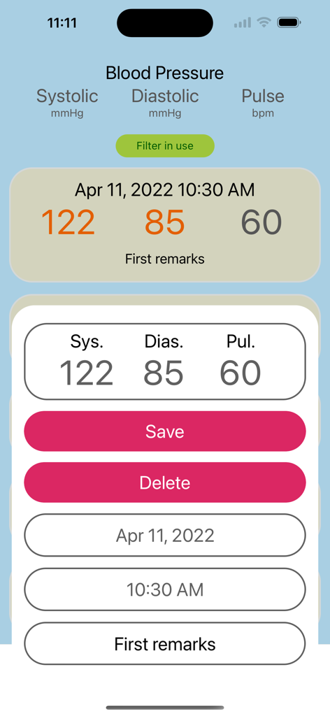 Offline BP Log - Blood pressure log interface for entering systolic and diastolic measurements with save and delete buttons