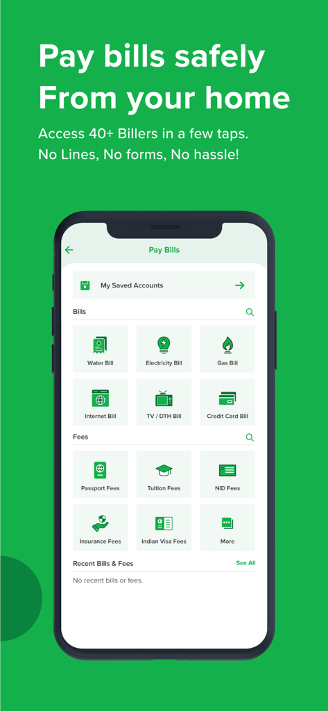 tap: Trust And Pay - A mobile interface for the tap Trust And Pay app showing options to pay utility bills and government fees.