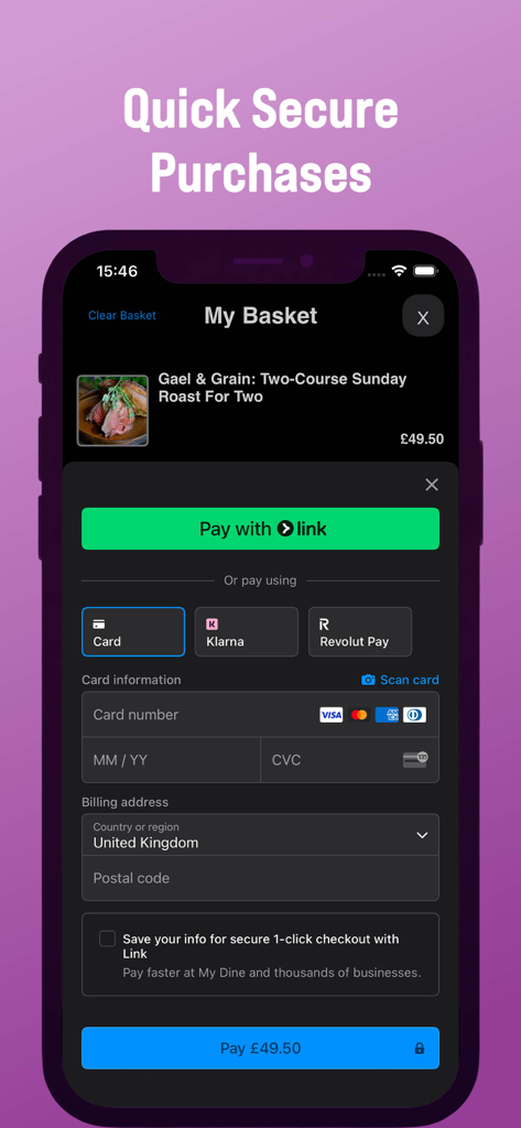 MyDine - Secure checkout page in the MyDine app showing voucher details and payment methods