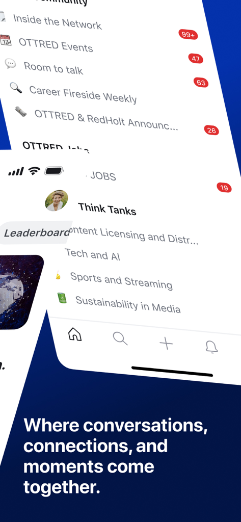 OTTRED - Captura de pantalla de la interfaz de la aplicación OTTRED mostrando características de la comunidad, incluyendo eventos de networking, think tanks y trabajos de la industria