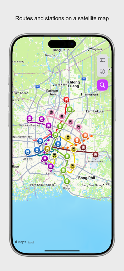 Bangkok City Metro - Satellite map view of Bangkok transit routes and stations