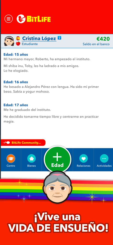 Captura de tela de jogabilidade de BitLife Português mostrando a linha do tempo da vida de um personagem e botões de menu
