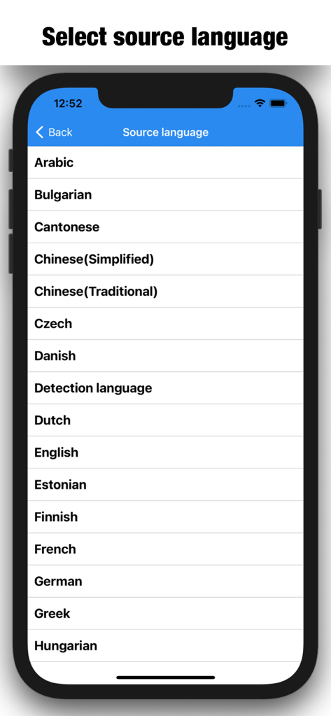 Quick Translation app interface displaying a list of available source languages for translation on an iPhone screen.