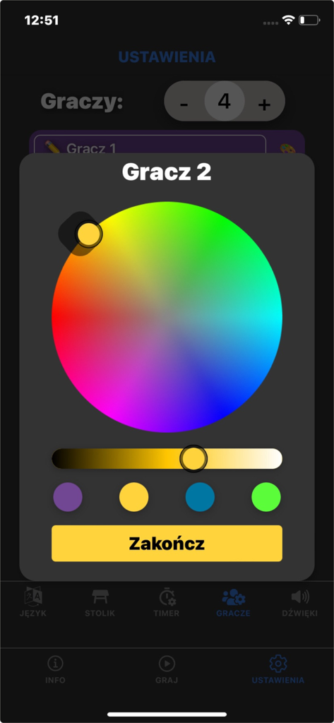 TTL PRO Timer App - Oberfläche der TTL PRO Timer App, die ein Farbrad zur Anpassung der Spielereinstellungen zeigt