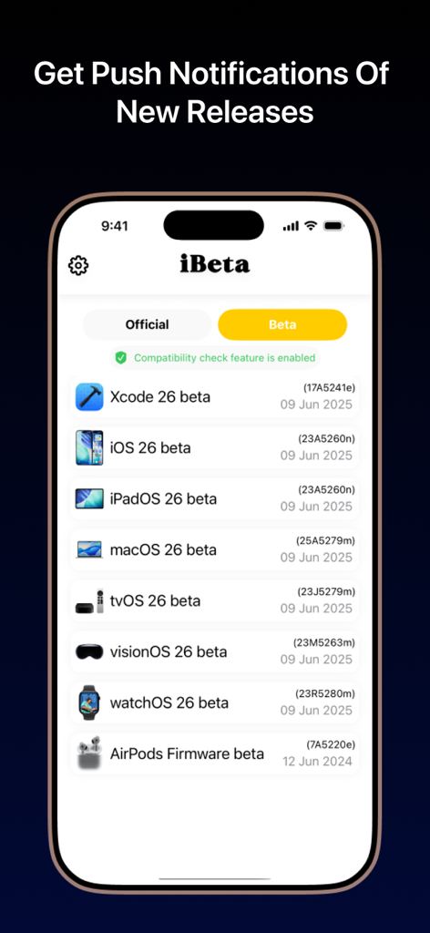 iPhone zeigt die iBeta-App-Oberfläche mit einer Liste aktueller Apple-Beta-Software-Updates für iOS, macOS und watchOS