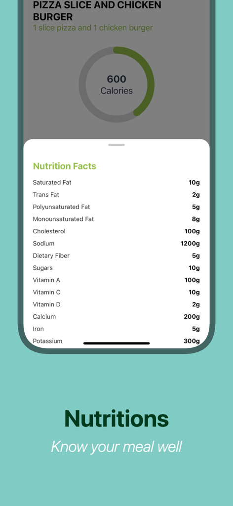 Calorie Scan - AI Food Tracker - Mobile app interface showing detailed nutrition facts and calorie count for a meal.