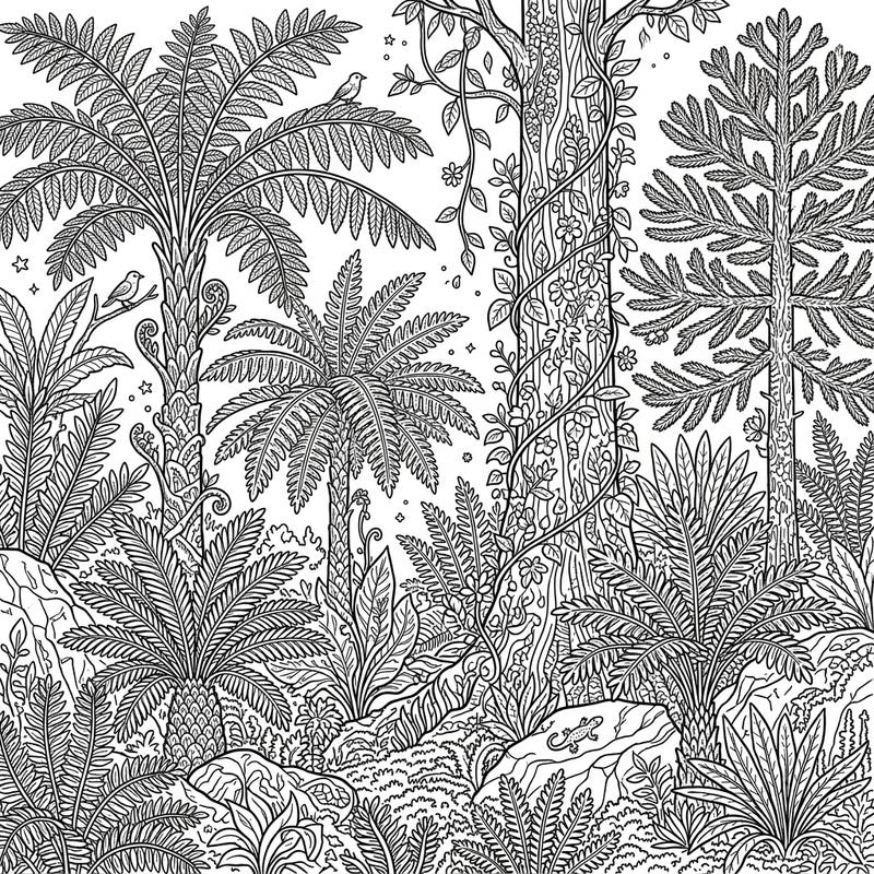 Immerse yourself in the captivating depths of a prehistoric jungle with this intricate adult coloring page. Discover ancient flora and hidden creatures, perfect for a detailed and relaxing creative escape.