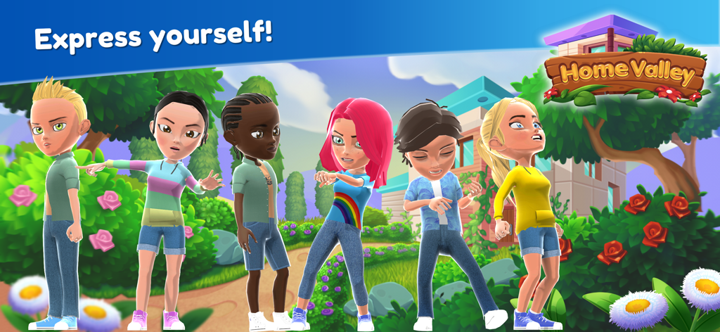 Grupo de diversos avatares 3D en un parque virtual mostrando la personalización de personajes