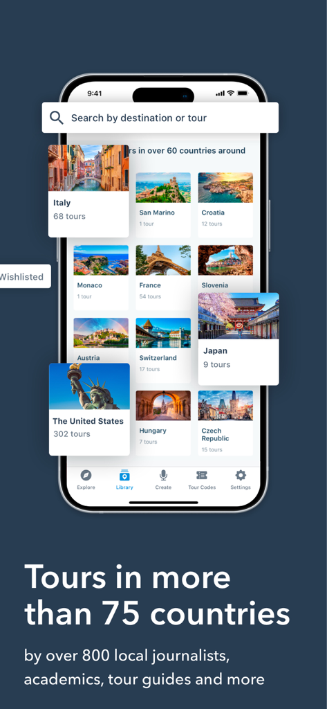 VoiceMap: Audio Tours & Guides - L'interface de l'application VoiceMap affiche les options de visites audio dans différents pays comme l'Italie, la France et les États-Unis.