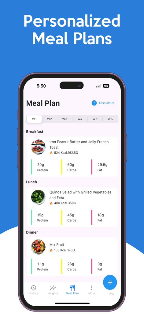 Pantalla de plan de comidas personalizado en la aplicación de seguimiento de glucosa en sangre que muestra datos de nutrición de comidas diarias