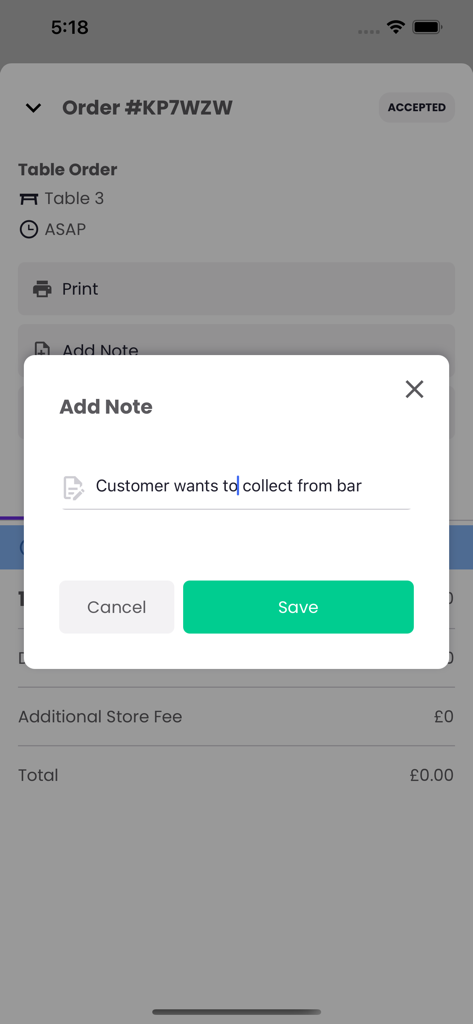 Slerp - Slerp partner app interface showing an add note popup on a restaurant table order detail screen