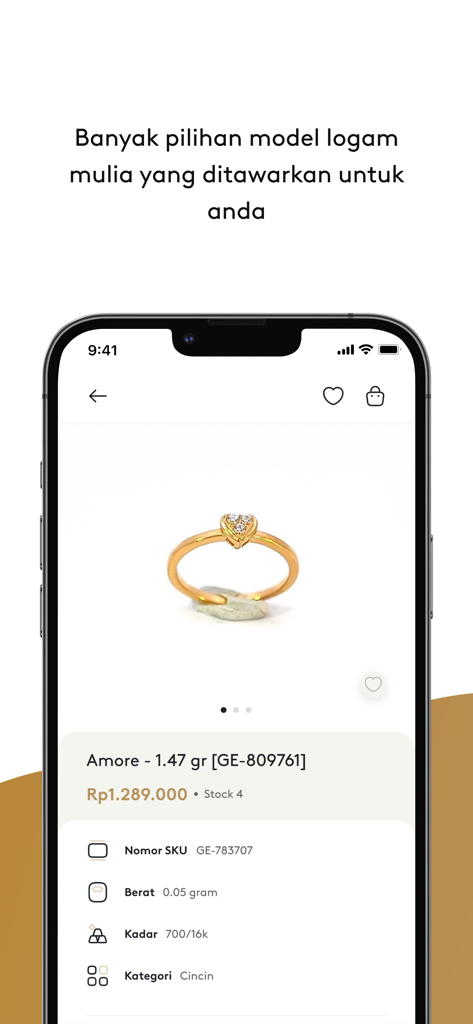 Galeri 24 - Un'interfaccia di applicazione mobile di Galeri 24 che mostra un prodotto di anello d'oro a forma di cuore con prezzi e specifiche