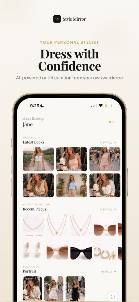 Mobile app interface of Style Mirror showing AI-powered outfit curation and a digital wardrobe collection.