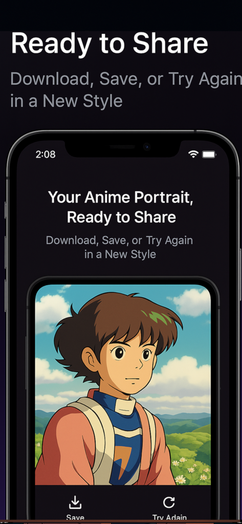 Animeify - Animeify app screen showing a generated anime style portrait with save and share options