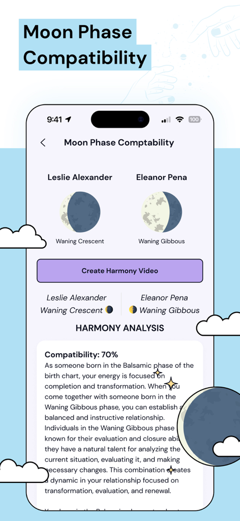 Moyra: Astrology Guide for You - A mobile screen from the Moyra app showing moon phase compatibility and a harmony analysis report between two individuals.