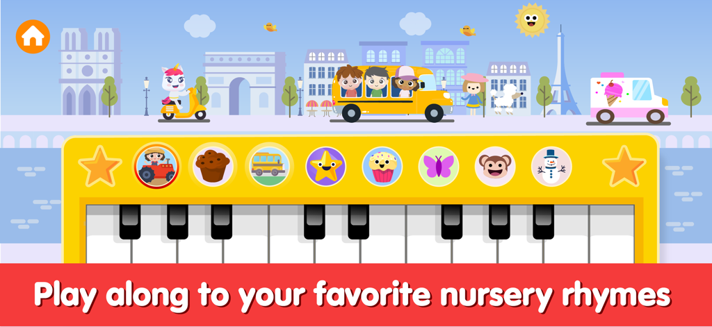 Wow Kids Baby Piano - Digital baby piano keyboard featuring colorful nursery rhyme icons and city scenery