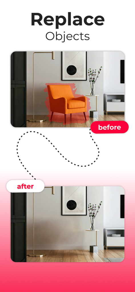 Comparación de antes y después de eliminar una silla utilizando la función de reemplazo de objetos de IA.