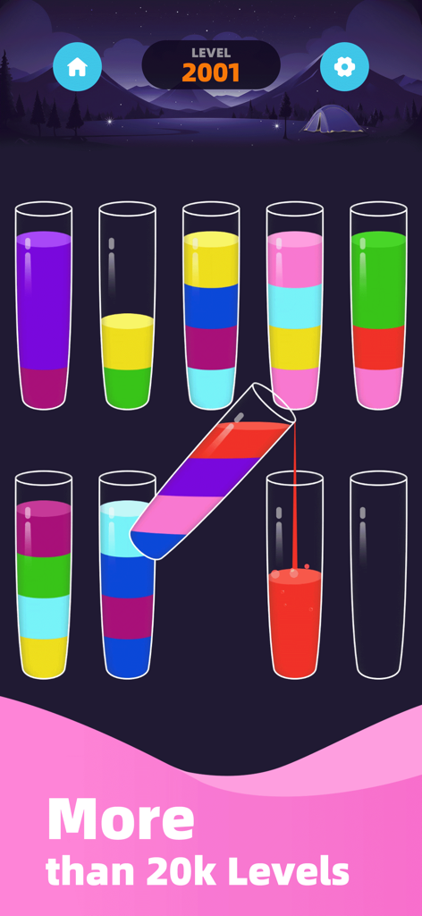 Water Sort Master-Color Puzzle - Water Sort Masterのゲームプレイ画面。ガラスボトルに注がれ、仕分けられるカラフルな液体が表示されています。