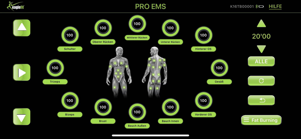 eaglefit® EMS SYSTEM - Eaglefit EMSシステムアプリのダッシュボード。筋肉群の刺激レベルとワークアウト設定が表示されています。