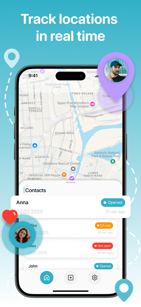 iPhone-Oberfläche einer GPS-Tracking-App, die den Echtzeitstandort auf einer Stadtkarte und eine Liste der überwachten Kontakte mit Ankunftsstatus anzeigt.