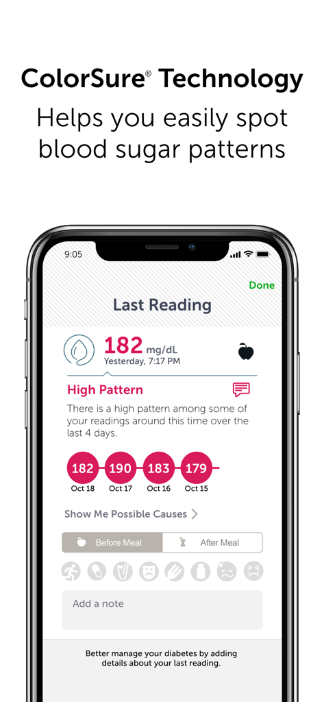 OneTouch Reveal® app - OneTouch Reveal app interface showing a high blood sugar pattern notification with color coded glucose readings