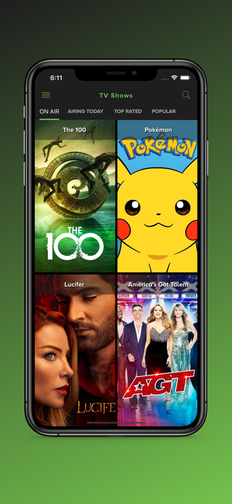 123Play - Pantalla de iPhone que muestra la aplicación 123Play con una cuadrícula de carteles de series de televisión, incluyendo Pokémon y Lucifer