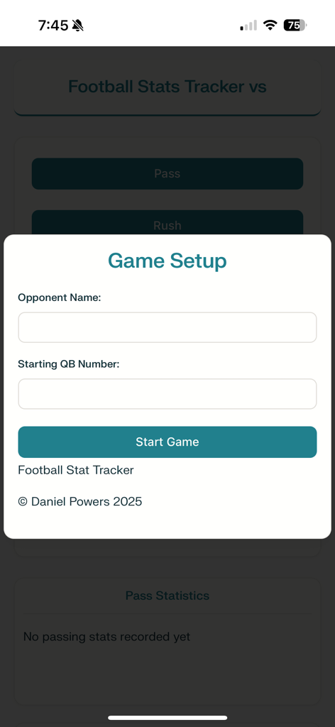 Game Setup screen in Football Stat Tracker Pro showing input fields for Opponent Name and Starting QB Number