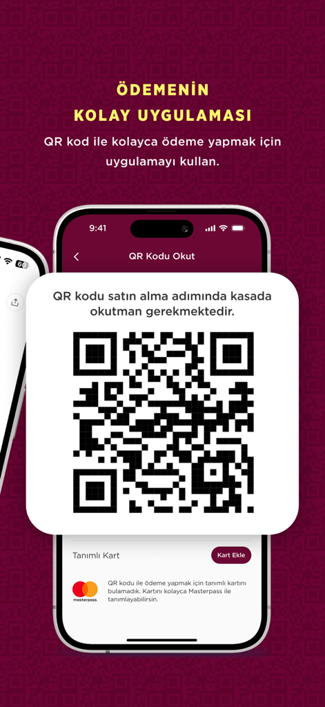 Mobile app screen for Kahve Dunyasi showing a QR code for contactless payments at the register.