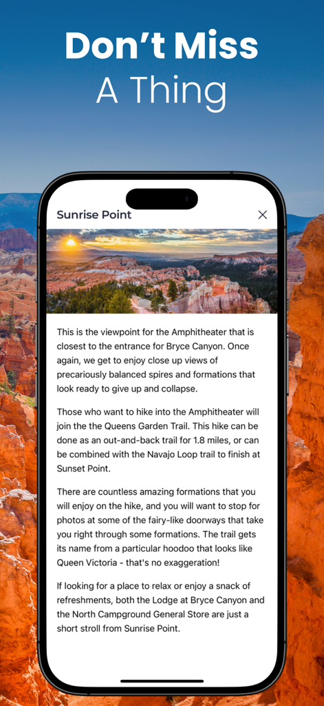 Mobile screen displaying travel tips and hiking info for Sunrise Point in Bryce Canyon