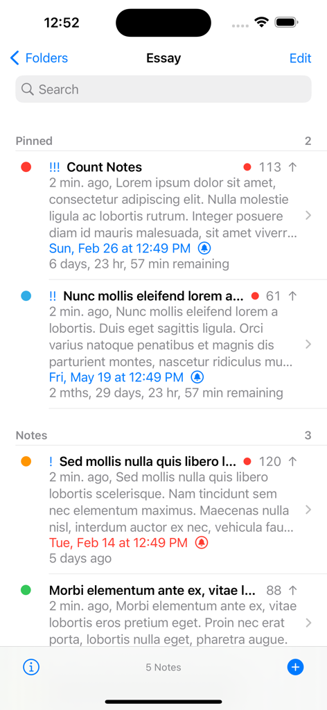 Word Count Notes, Word Counter - Mobile app interface showing a list of notes with word counts deadlines and color coding