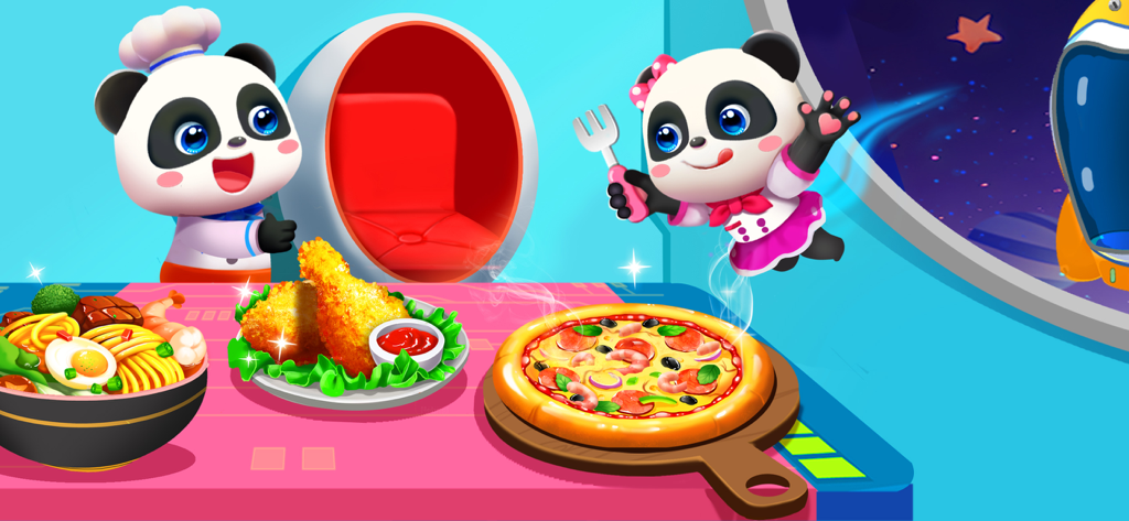 Deux pandas mignons servant de la pizza et du poulet frit dans une cuisine sur le thème de l'espace.