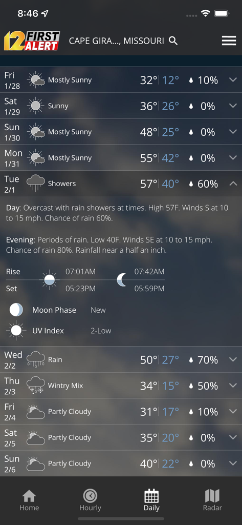 10-day weather forecast screen in the KFVS12 StormTeam app showing daily conditions and temperatures for Cape Girardeau Missouri
