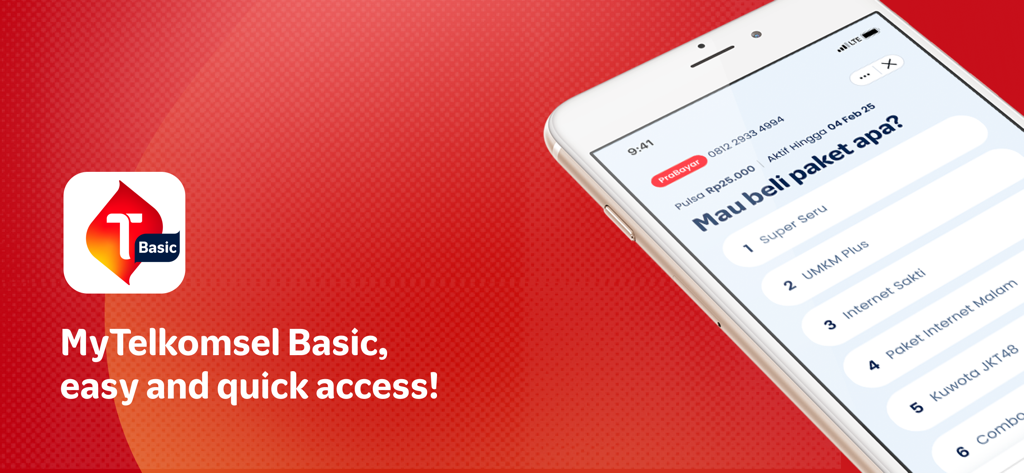 MyTelkomsel Basic - Un smartphone mostrando la interfaz de la aplicación MyTelkomsel Básico con varias opciones de paquetes de internet sobre un fondo rojo vibrante.