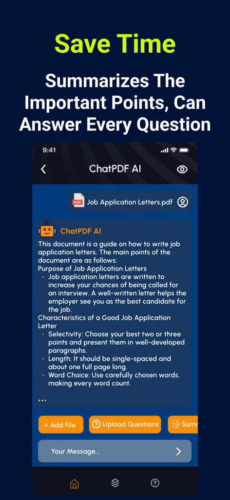 ChatPDF AI: Scan & Summarize - ChatPDF AI mobile app interface summarizing a job application PDF document to save time