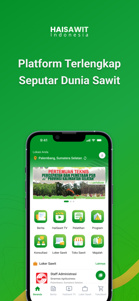 Hai Sawit App - Hai Sawit mobile app home screen featuring palm oil industry news and professional tools