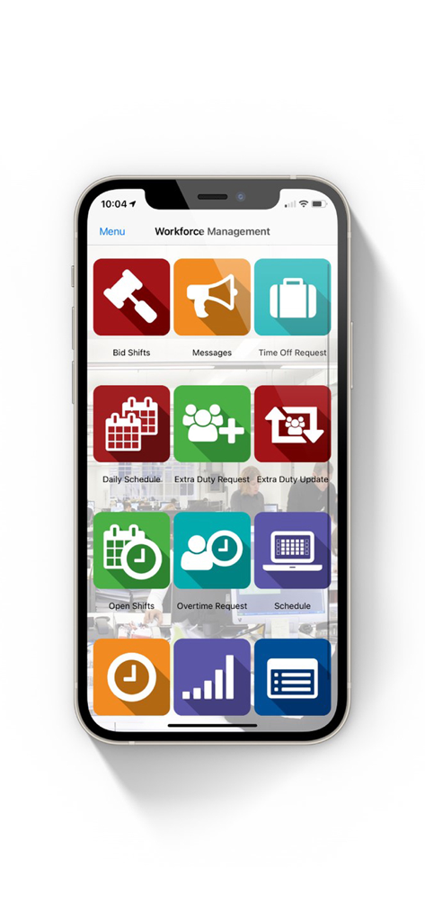 VCS Workforce Management - VCS Workforce Management app dashboard showing icons for shift bidding messages and time off requests