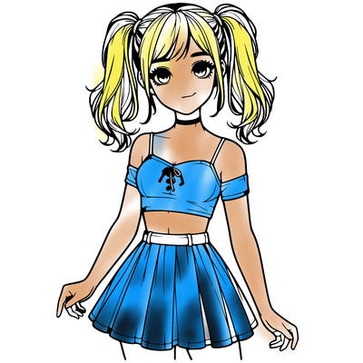 realistic girl in a skirt crop top and pigtails