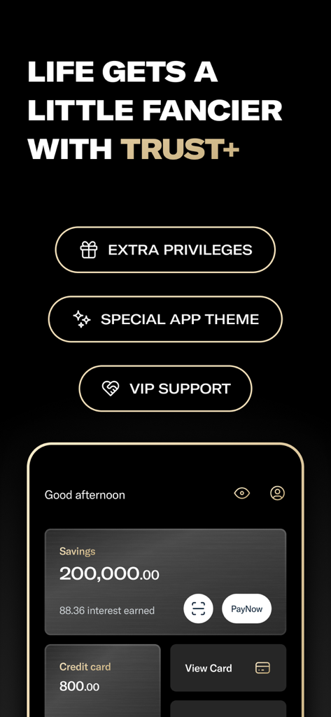 Trust Bank SG - Trust Bank SG mobile app displaying Trust Plus premium tier features and account balance