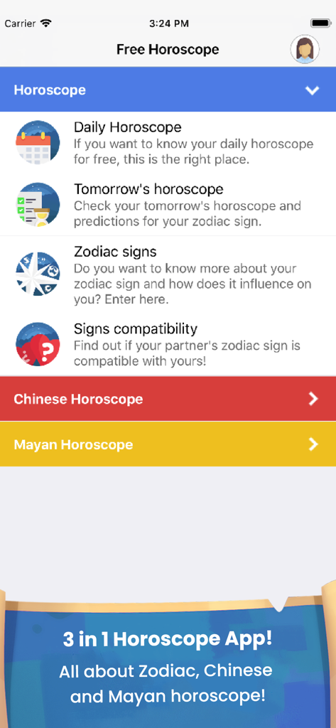 Daily Horoscope & Zodiac Signs - Main menu of the Daily Horoscope and Zodiac Signs app showing Western Chinese and Mayan horoscope categories